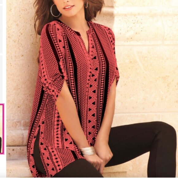 DENIM 24/7 Womens Top Plus Size 32W Coral Red Black Tunic Blouse Aztec Boho - Picture 4 of 13